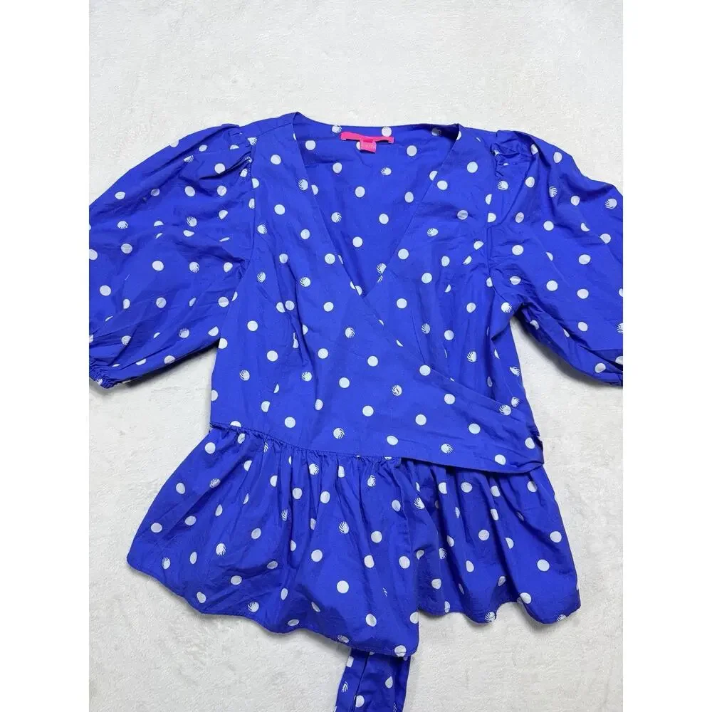 Lilly Pulitzer Periwinkle Blue Sz 6 White Polka Dot Cotton Puff Sleeve Wrap Top